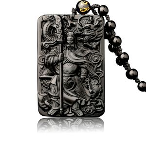 Natuurlijke Obsidiaan Hanger met Kralen Ketting Dragon Guan Gong Guan Yu Hold Broadsword Knight Hanger Ketting Voor Mannen / Dames Sieraden 201014