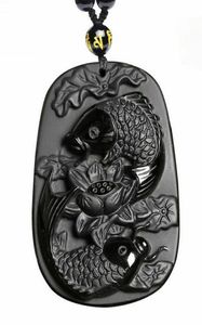 Obsidiana natural Piscis Fish Koi Collar colgante de amuleto con cadena de cuentas 8331286