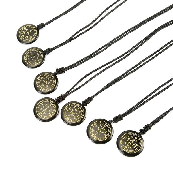 Pendentif rond en obsidienne naturelle sculpture à la main 7 archange invoquant un tableau magique bijoux en pierres précieuses symbole Reiki collier en pierre de guérison pour hommes