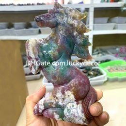 Estatua de caballo de jaspe de océano natural, decoración del hogar, belleza, cristal de cuarzo colorido, piedra preciosa, roca tallada y pulida, escultura de animales de armonía, espécimen mineral, bonitos regalos