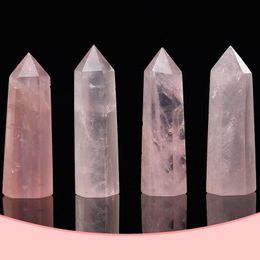 Tour de cristal rose naturel Arts Chakra minéral Baguettes de guérisonReiki Energy stone baguette magique Quarze Point à six faces polie grossièrement Ischj
