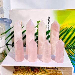 Tour de cristal rose naturel, baguettes de guérison des chakras minéraux, pierre d'énergie Reiki, baguette magique à six côtés, pointe de quartz, rugueuse et polie.