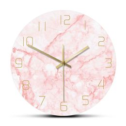 Horloge murale ronde en marbre rose naturel, silencieuse, sans tic-tac, décoration de salon, Art nordique, horloge murale minimaliste, montre murale silencieuse 2248B