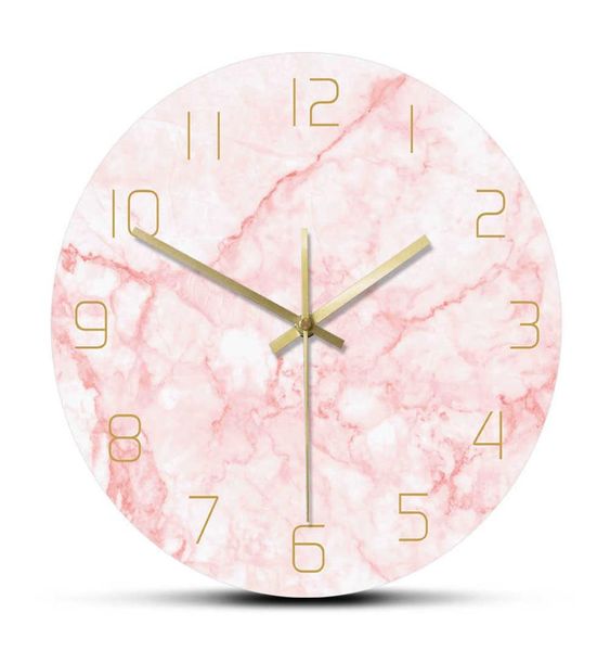Horloge murale ronde en marbre rose naturel silencieux sans tic-tac décor de salon Art horloge murale nordique Art minimaliste montre murale silencieuse 21972604