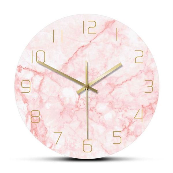 Horloge murale ronde en marbre rose naturel, silencieuse, sans tic-tac, décoration de salon, Art nordique, horloge murale minimaliste, montre murale silencieuse 2314b