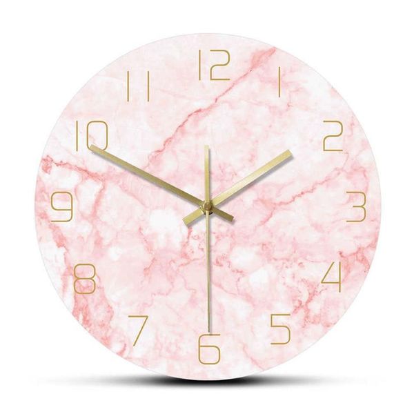 Horloge murale ronde en marbre rose naturel, silencieuse, sans tic-tac, décoration de salon, Art nordique, horloge murale minimaliste, montre murale silencieuse 2277u