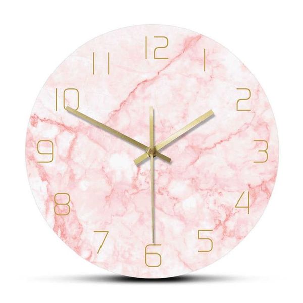Horloge murale ronde en marbre rose naturel, silencieuse, sans tic-tac, décoration de salon, Art nordique, horloge murale minimaliste, montre murale silencieuse 2260W