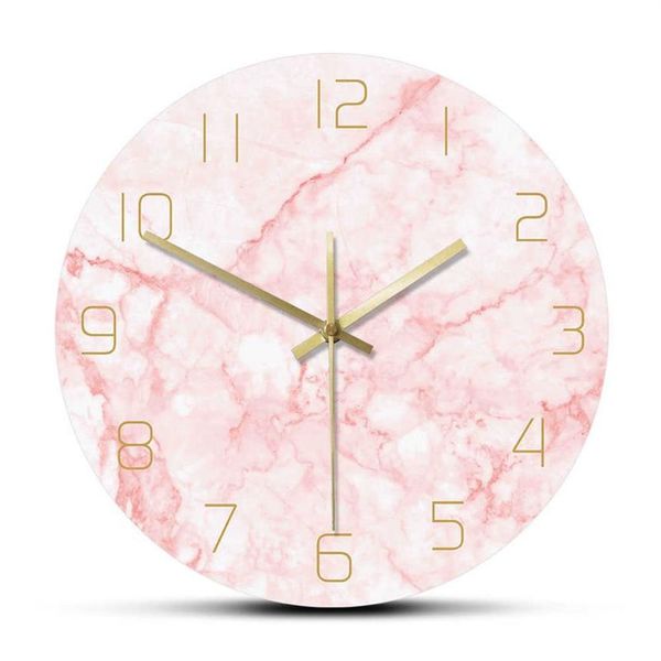 Horloge murale ronde en marbre rose naturel, silencieuse, sans tic-tac, décoration de salon, Art nordique, horloge murale minimaliste, montre murale silencieuse 22307
