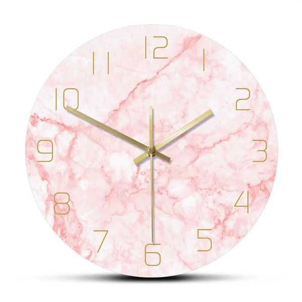 Horloge murale ronde en marbre rose naturel, silencieuse, sans tic-tac, décoration de salon, Art nordique, horloge murale minimaliste, montre murale silencieuse 2248B