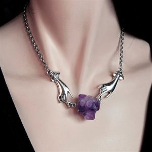 Collier en cristal violet naturel magique chiromancie main gothique sorcière colliers magiques tour de cou gothique Wicca sorcellerie pierres précieuses bijoux cadeaux pour femmes en gros