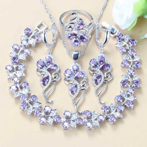 Natural Purple Crystal Perfect Wedding Costume 6-Color Sieraden Sets voor Dames Oorbellen / Hanger / Ketting / Ring / Armband H1022