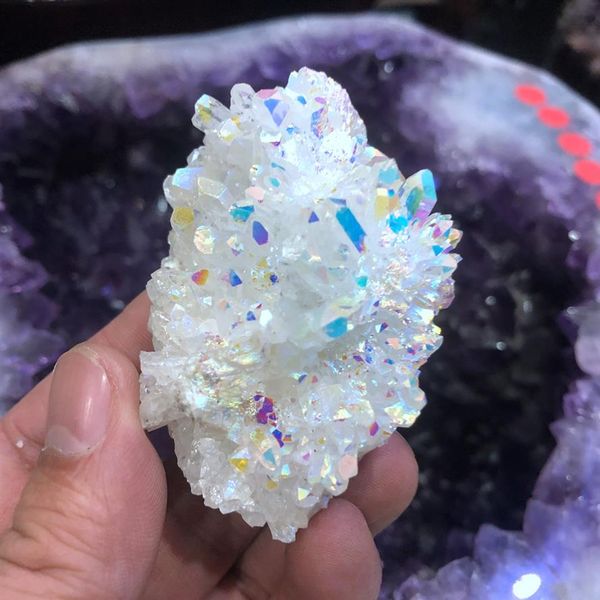 Spécimen de cluster de quartz naturel décoration de la maison cristal de guérison Aura Unique Quartz Crystal Titanium Bismuth Coating Cluster Rain252i