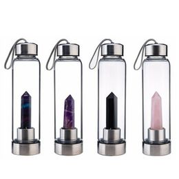 Natural Quartz Gemstone Glas Waterfles Direct Drinkbeker Glas Crystal Obelisk Wand Healing Wandfles met touw Nieuw 201127