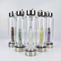 Botella de agua de vidrio con piedras preciosas de cuarzo Natural, vaso para beber directo, varita de obelisco de cristal, varita curativa, botellas con cuerda
