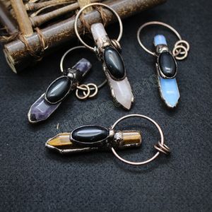 Colliers pendentif en Quartz naturel, pendule Hexagonal en obsidienne noire, opale œil de tigre, cristal violet rose, bijoux de guérison