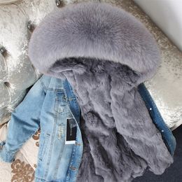 Chaqueta de piel de mezclilla con cuello de piel grande de mapache Natural, chaqueta cálida forrada de piel de conejo de calidad, abrigo de moda para mujer, ropa de calle 201212