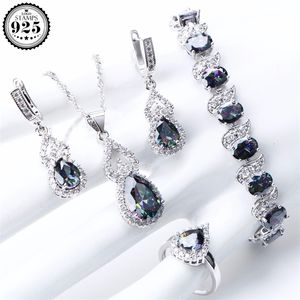 Ensembles de bijoux arc-en-ciel naturels 925 pierres en argent Sterling boucles d'oreilles de mariage pour femmes Bracelet collier anneaux ensemble cadeaux boîte 220818