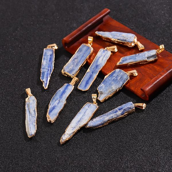 Colgante de cuarzo Druzy azul crudo Natural, dijes de pilar de cristal largo con bordes dorados y plateados para collar, pendientes, accesorio para hacer joyas