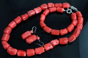 Collar de gargantilla de cilindro de cuentas de coral rojo natural Juego de joyas de pendiente de pulsera