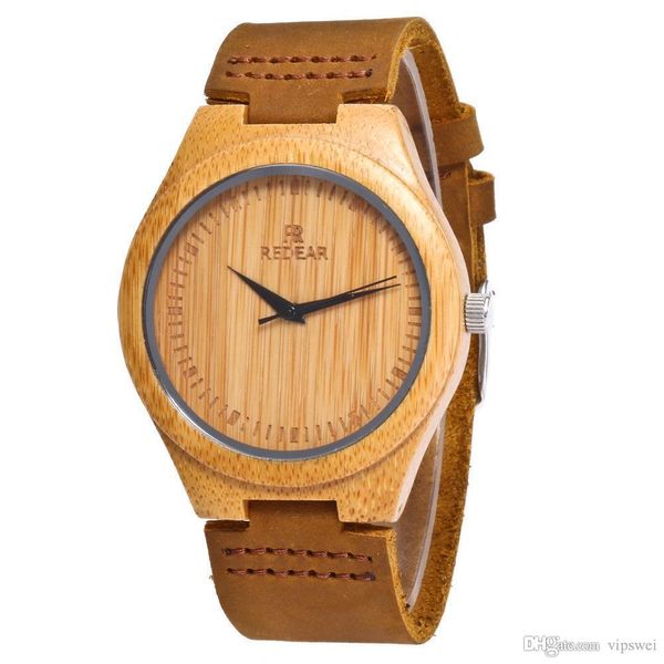 Reloj de madera de bambú retro natural para hombre con correa de cuero de vaca marrón Mujer, relojes para amantes Relojes de pulsera casuales con movimiento de cuarzo japonés