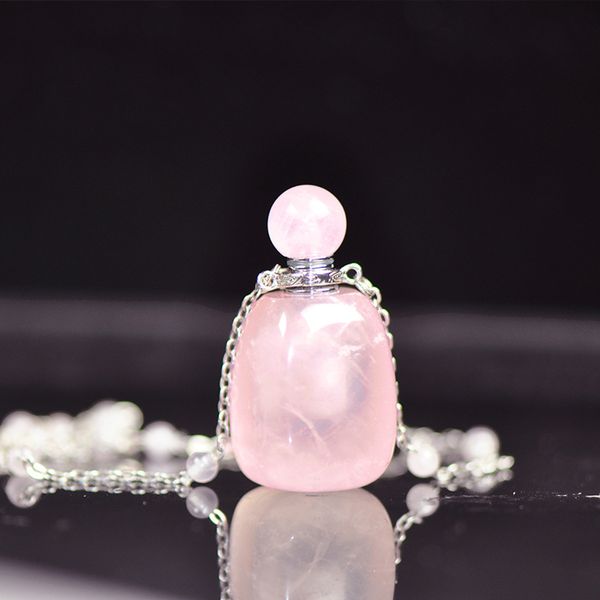 Naturel Rose Cristal Huile Essentielle Bouteille De Parfum Bijoux Ovale Quartz Pierre Bouteilles Pendentif Collier avec S925 Véritable Chaîne En Argent