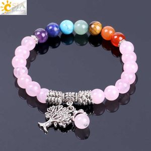 Naturel Rose Cristal Quartz 7 Chakra Gem Pierre Perle Bracelet Arbre Pendentif Prière Guérison Stretch Bracelets Femmes Bijoux