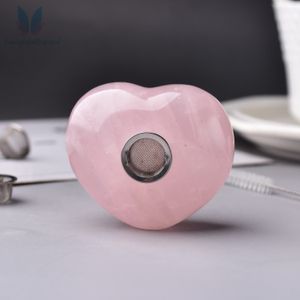 Pipe en cristal portative en forme de coeur de quartz rose naturel guérissant le tabac à fumer