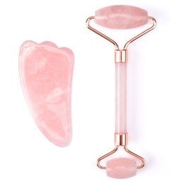 Natuurlijke rozenkwarts Jade Massage Roller Guasha Board Set Scraper Stone Facial Facial Anti-Wrinkle Treatment Body Facial Massager Gereedschap met doos