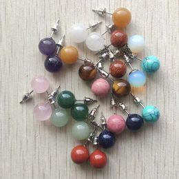 Boucles d'oreilles en pierre de quartz rose naturelle, perles rondes de 10mm, couleur argent, bijoux pour femmes, vente en gros, 12 paire/lot 240127