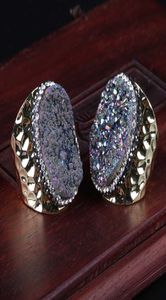 Natuurlijke ruwe ovale kleur Purple Druzy Stone Bead Charm Pave Rhinestone Big Wide Wrap Hammered Gold Open Ring Cuff Women Jewelry9627087