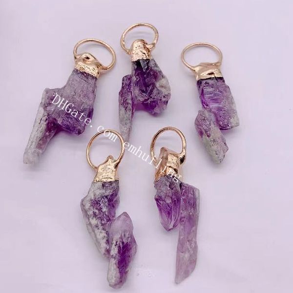 Amatista esquelética natural en bruto Colgante de cristal electroformado Hecho a mano Pegado Irregular Cuarzo púrpura Roca mineral cruda Amuleto Reiki Punto de piedra Colgantes de rama