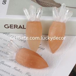 Natuurlijk Seleniet Clear Quartz Point Carrot Sculpture Crafts Handmade schattige oranje gips Satijnen spar Crystal Cluster Plant Farmhouse Kitchen Decor Gardener Geschenken