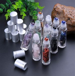 Pierres semi-précieuses naturelles huile essentielle pierres précieuses bouteilles à bille roulante verre clair puces de cristal de guérison