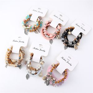 Pulseras de concha natural Diseños Moda Hoja Encanto Joyería para niñas Cuentas de madera hechas a mano Mujeres Pulsera de cuentas de cristal Hebras Rosa Negro