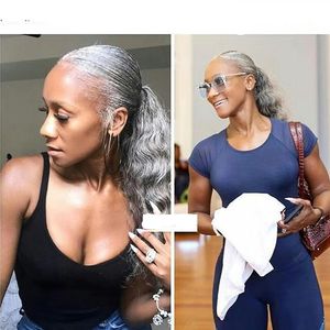 Clip de extensión de cabello de mujer gris plateado natural Body Wave en gris Ondulado rizado gris puff Cabello humano cola de caballo postizo 16 pulgadas 100g 120g 140g