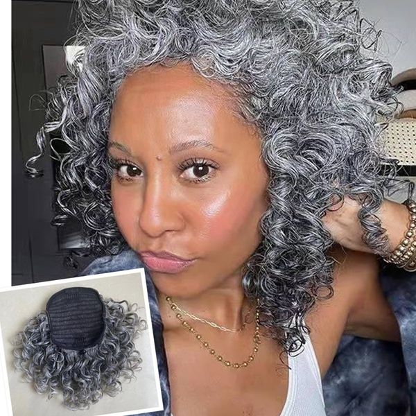 Extensions de cheveux en queue de cheval avec cordon de serrage gris argent naturel avec clips Afro-américain Kinky Curly Ponytial Hair Piece pour femmes noires 14 pouces 140g