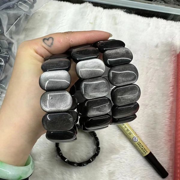 Bracelet en pierre d'obsidienne en argent naturel Crystal Reiki guérison de haute qualité bijoux de pierre de pierre de Noël cadeau en gros 240528