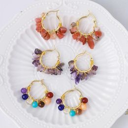 Pendiente de aro de piedra Natural de 7 Chakras, cuentas de Chip Reiki, pendientes de cristal de cuarzo rosa, pendientes de Color dorado, joyería para mujer