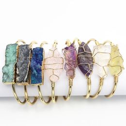 Bracelets en pierre naturelle manchette en cuivre Bracelets Druzy femmes couleur or fil Wrap irrégulier Agate cristal Quartz filles enfants bijoux 240315