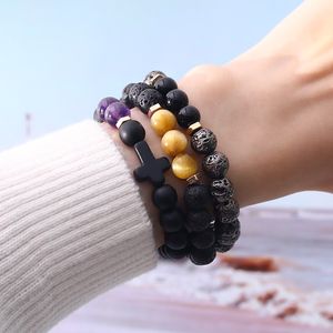 Natural Stone Bead Cross Charm Bracelet Handmade Adjustable Black Matte Agate Stone Beads Elastic Rope Bracelets Jewelry Friends Gifts