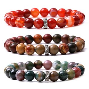 Bracelet de perles en pierre naturelle, œil de tigre vert, agate indienne, fil d'onyx noir, bracelets à breloques en acier inoxydable, bracelet pour hommes et femmes, bijoux à la mode