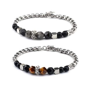Bracelets en perles de pierre naturelle chaîne réglable Bracelet en acier inoxydable en argent Bracelet en oeil de tigre pour hommes bijoux cadeau
