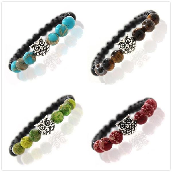 Pulseras con dijes de búho con cuentas de piedra Natural, cadena de cuerda elástica, pulseras de Buda con cuentas redondas para hombres y mujeres, joyería