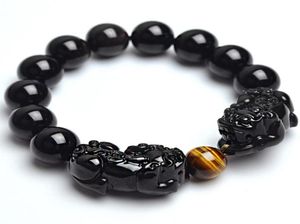 Bracelet en obsidienne noire en pierre naturelle avec oeil de tigre et Double Pixiu, breloques porte-bonheur pour troupes courageuses, bijoux pour femmes et hommes, brins de perles 9987157