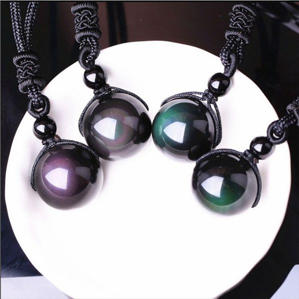 10 MM Pierre Naturelle Obsidienne Noire Arc-En-Ciel Perles Boule Pendentif Transfert Chanceux Amour Cristal Bijoux Avec Corde Libre Pour Femmes et Hommes