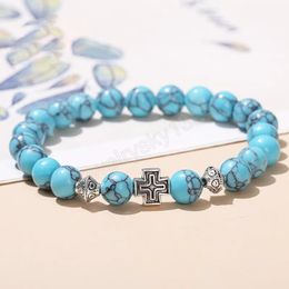 Pierre Naturelle Bleu Turquoise Croix Vintage Bracelets Femmes Hommes Rétro Bohème Stretch Strand Bracelet Yoga Cadeau