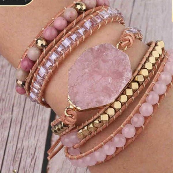 Pulsera de piedra Natural, pulseras envolventes de cuero de cuarzo rosa para mujer, gemas rosas, cuentas de cristal, joyería Bohemia, 5 hebras 1782
