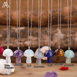 Natuursteen Carving Paddestoel Vorm Hanger Reiki Healing Crystal Tiger Eye Rose Quartz Amethyst Agate Aventeurines Ketting voor Vrouwen Sieraden