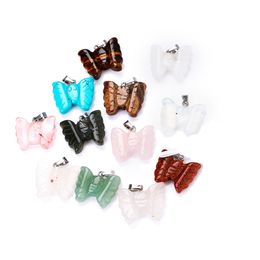 Natuursteen Chakra Reiki Healing Quartz Crystal Carve Butterfly Hanger Ketting voor Vrouwen Mannen Jewelr