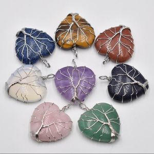 Pierre naturelle breloques cristal arbre de vie coeur pendentifs Roses Quartz fil enveloppé à la mode fabrication de bijoux en gros